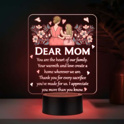 Dear Mom Acrylic LED Lamp with UV Print – Multicolor Night Light Mother’s Day & Birthday Gift